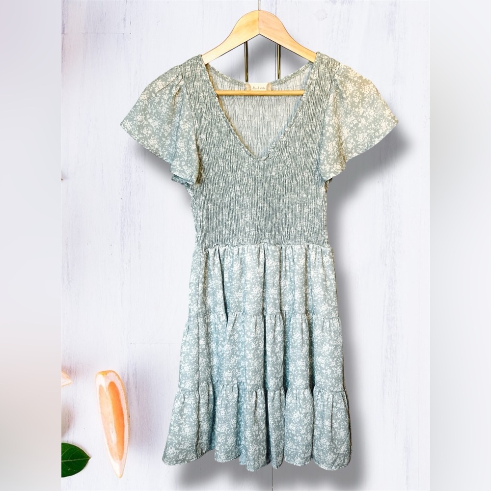Altar'd State Sage Green Floral Smock Bodice Mini Dress
